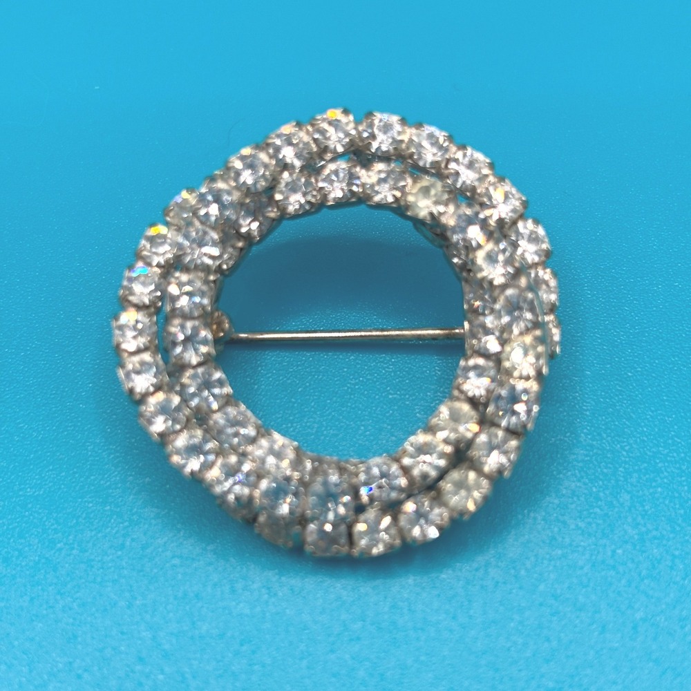Vintage Rhinestone Brooch Round Circle Pin Silver‎ Tone Costume Jewelry
